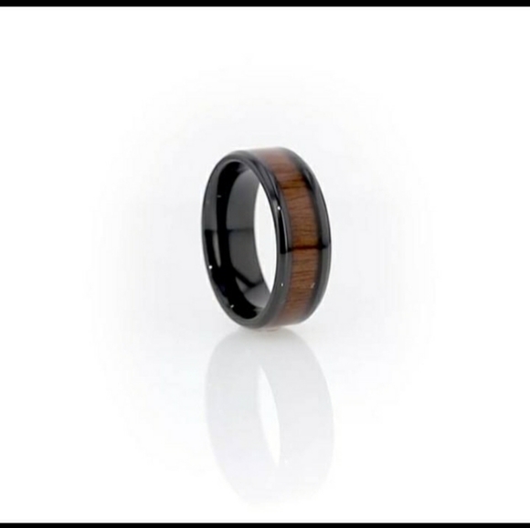 New Mens Black Titanium Black Walnut Wood Inlaid Band Ring. - Picture 5 of 7